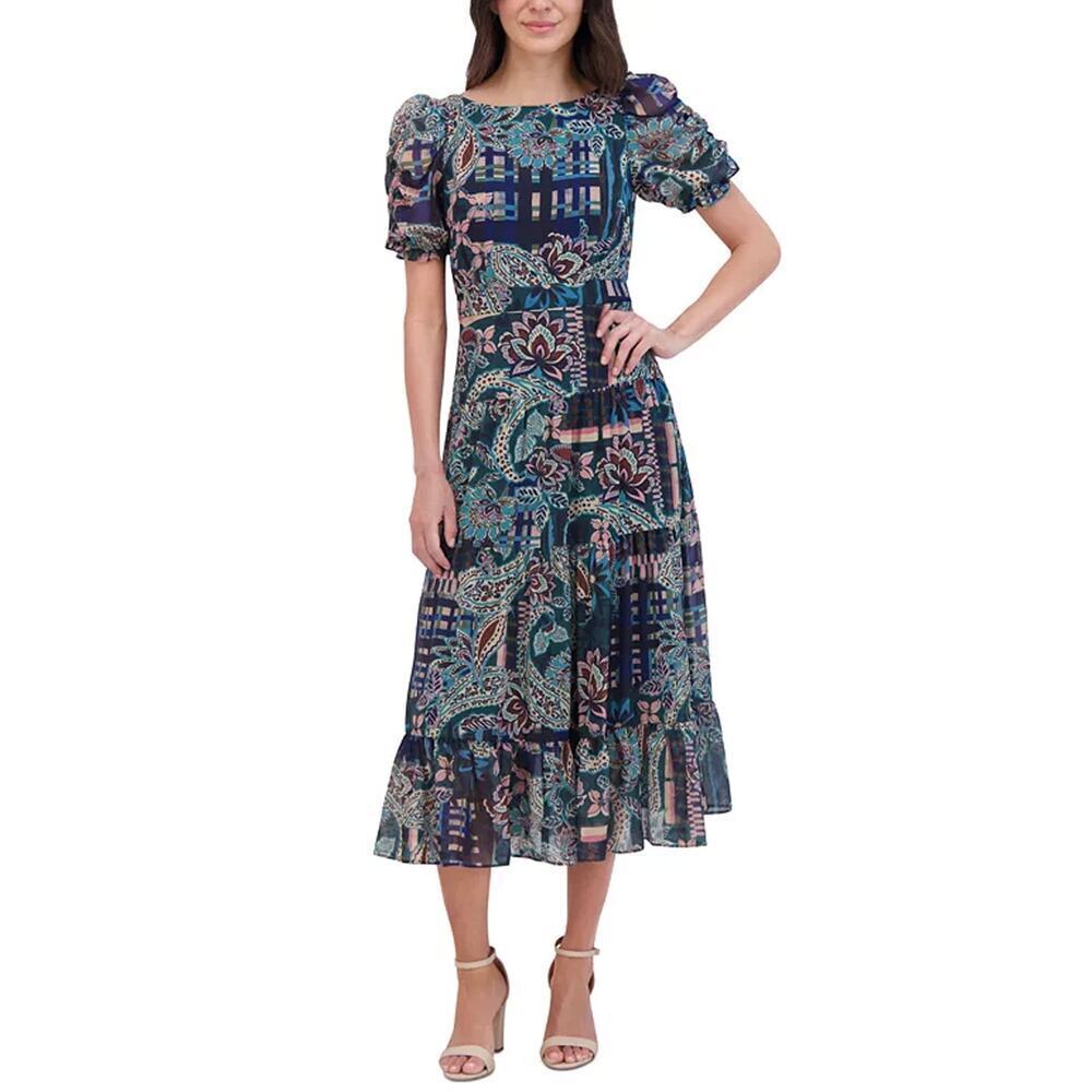NWT NEW Vince Camuto Mixed Print Puff Sleeve Tiered Maxi Dress Size 2